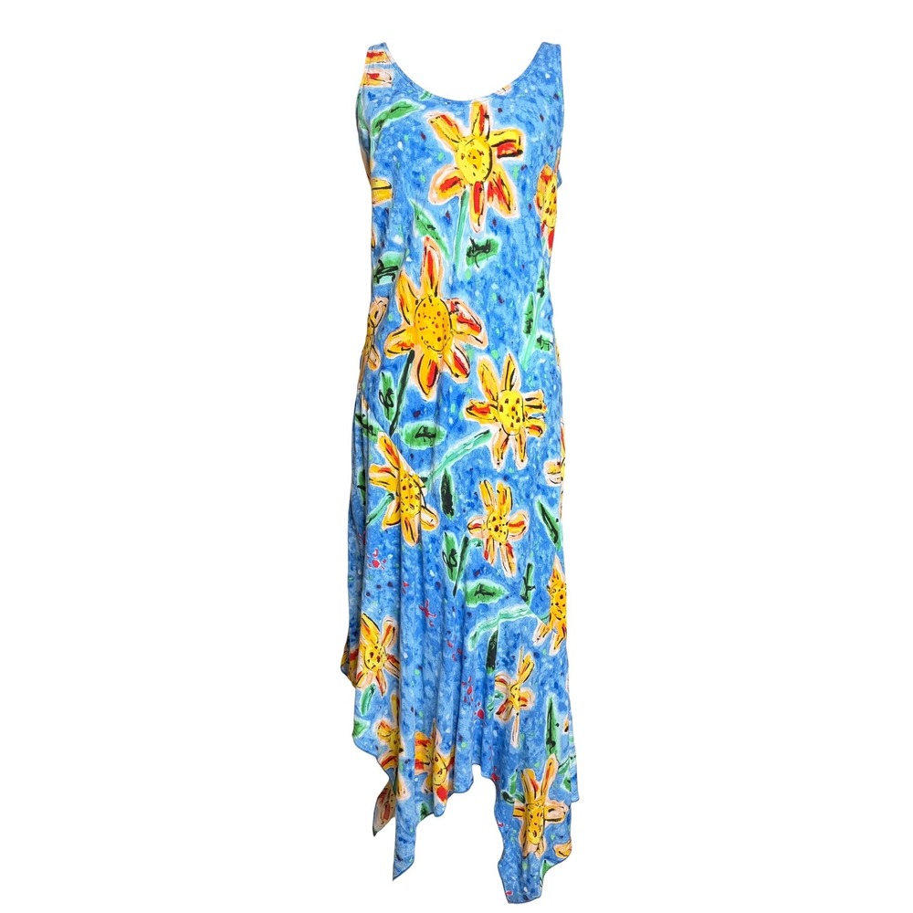 Jams World Kiyoshi Hawaiian Slip Dress S Blue Floral Artsy Boho Resort Midi